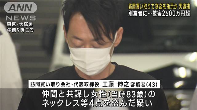 関東地方で訪問買い取りを装った窃盗被害が相次いでいて、指示役とみられる訪問買取会社役員の43歳の男が逮捕されました。
　訪問買取会社の代表取締役・工藤伸之容疑者は仲間と共謀し、おととし8月、千葉県